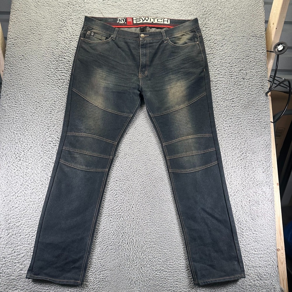 Switch Jeans Mens 42x34 Blue Cotton Denim Straight Leg Biker Moto Workwear Faded
